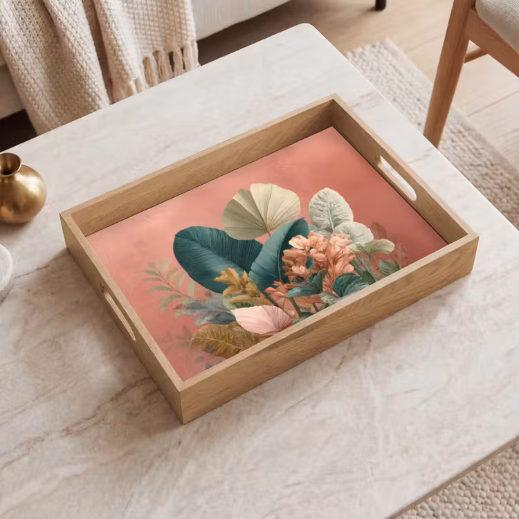 Bandeja - Hojas tropicales - Flores - Rosa - verde — 2