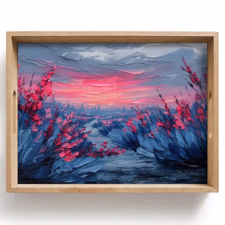 Bandeja - Pintura - Puesta de sol - Flores - Río — 1