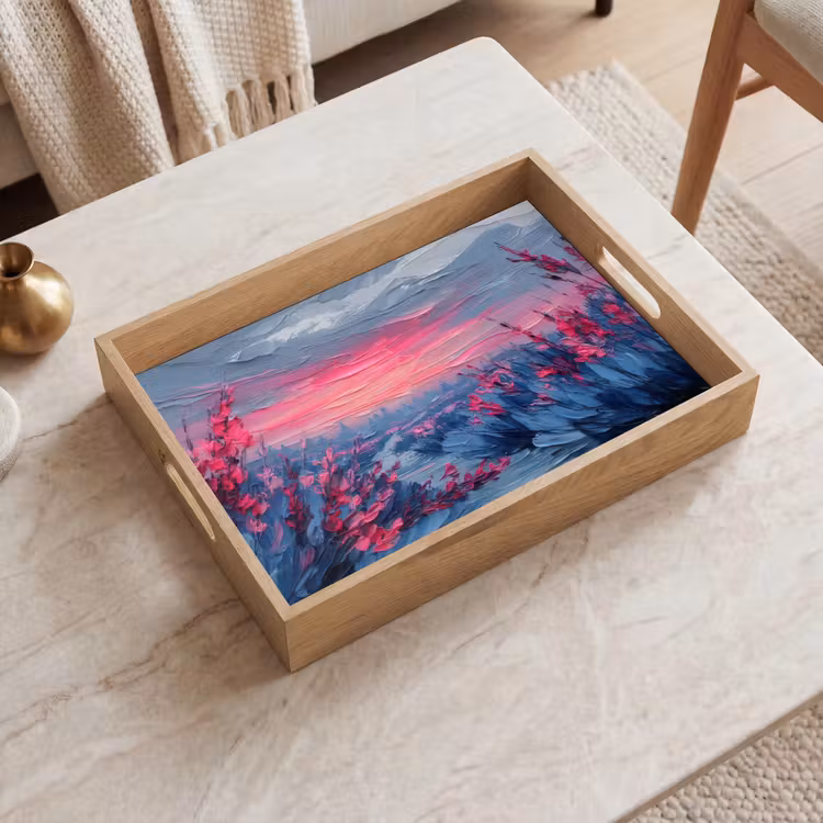 Bandeja - Pintura - Puesta de sol - Flores - Río — 2