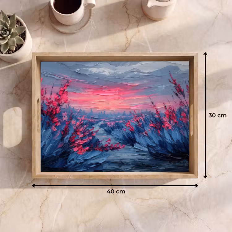 Bandeja - Pintura - Puesta de sol - Flores - Río — 7