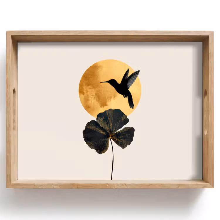 Bandeja - Colibrí negro - Flor - Círculo dorado — 1