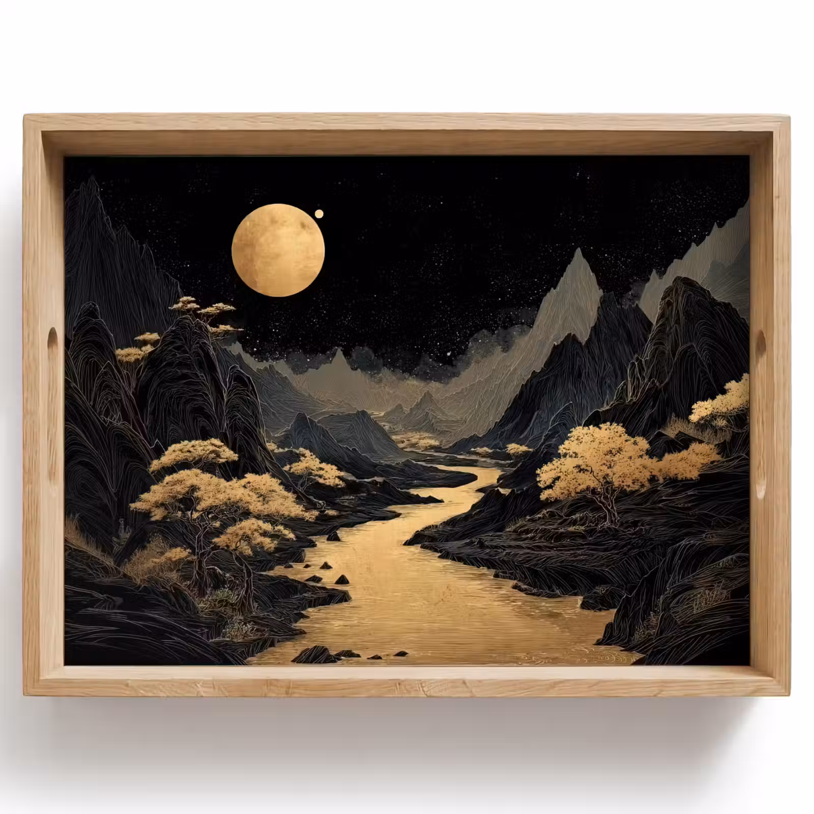 Bandeja - Río dorado - Montañas - Luna - Cielo estrellado — 1