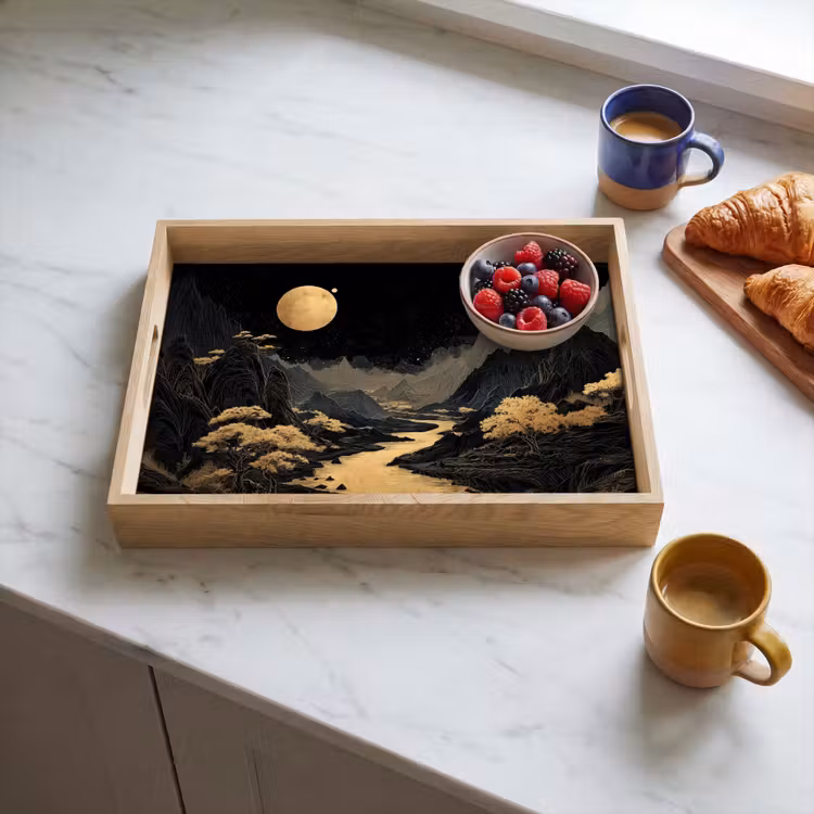 Bandeja - Río dorado - Montañas - Luna - Cielo estrellado — 3