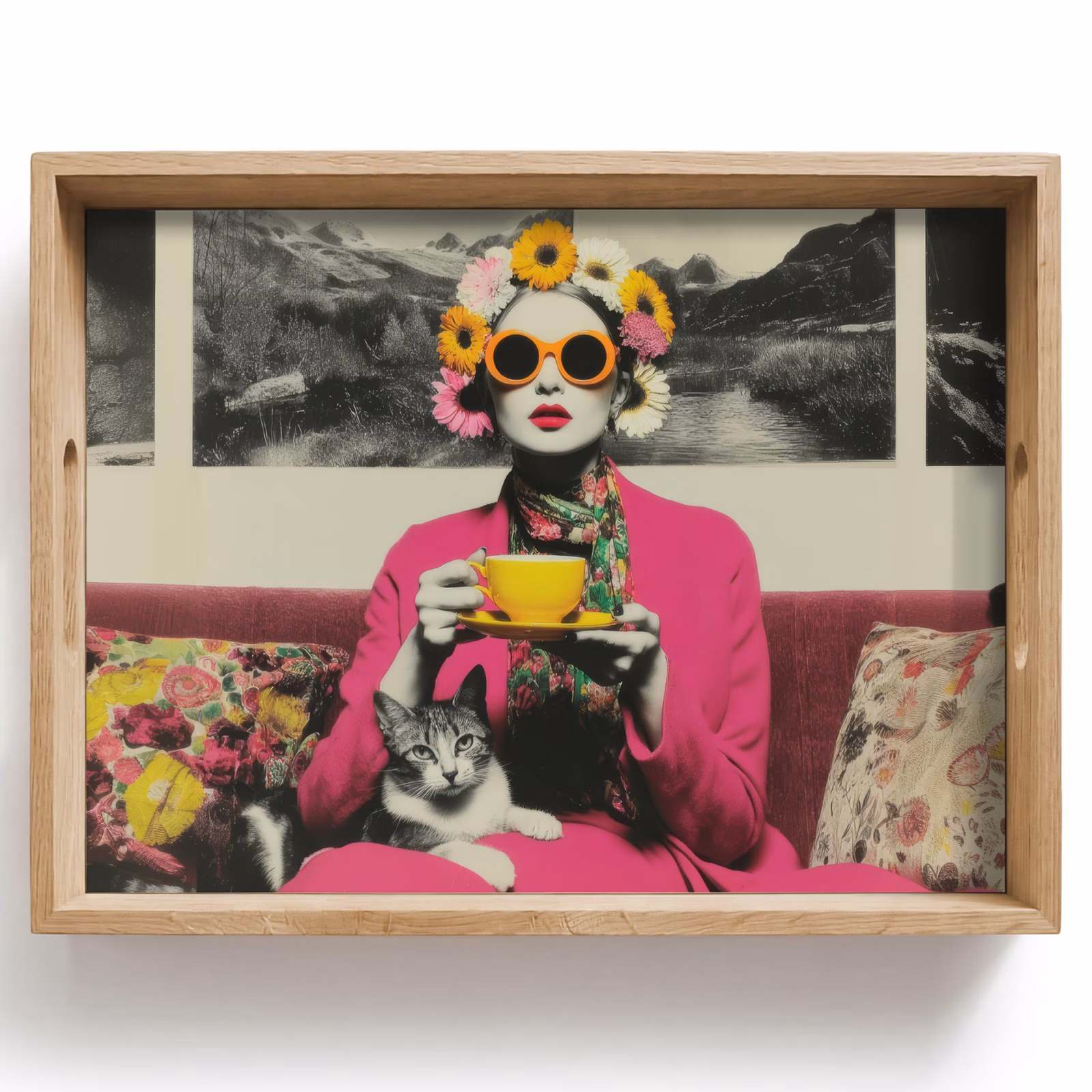 Bandeja - Mujer - Gato - Flores - Taza - Retro — 1