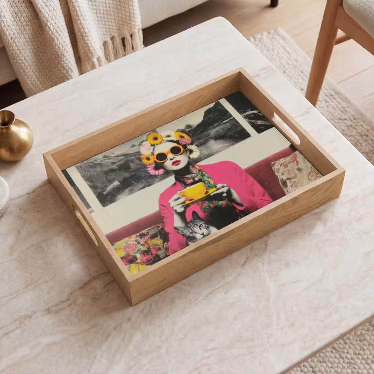 Bandeja - Mujer - Gato - Flores - Taza - Retro — 2