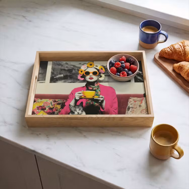 Bandeja - Mujer - Gato - Flores - Taza - Retro — 3