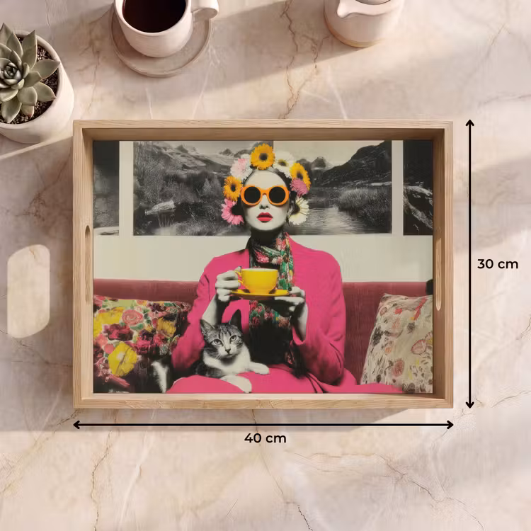 Bandeja - Mujer - Gato - Flores - Taza - Retro — 7