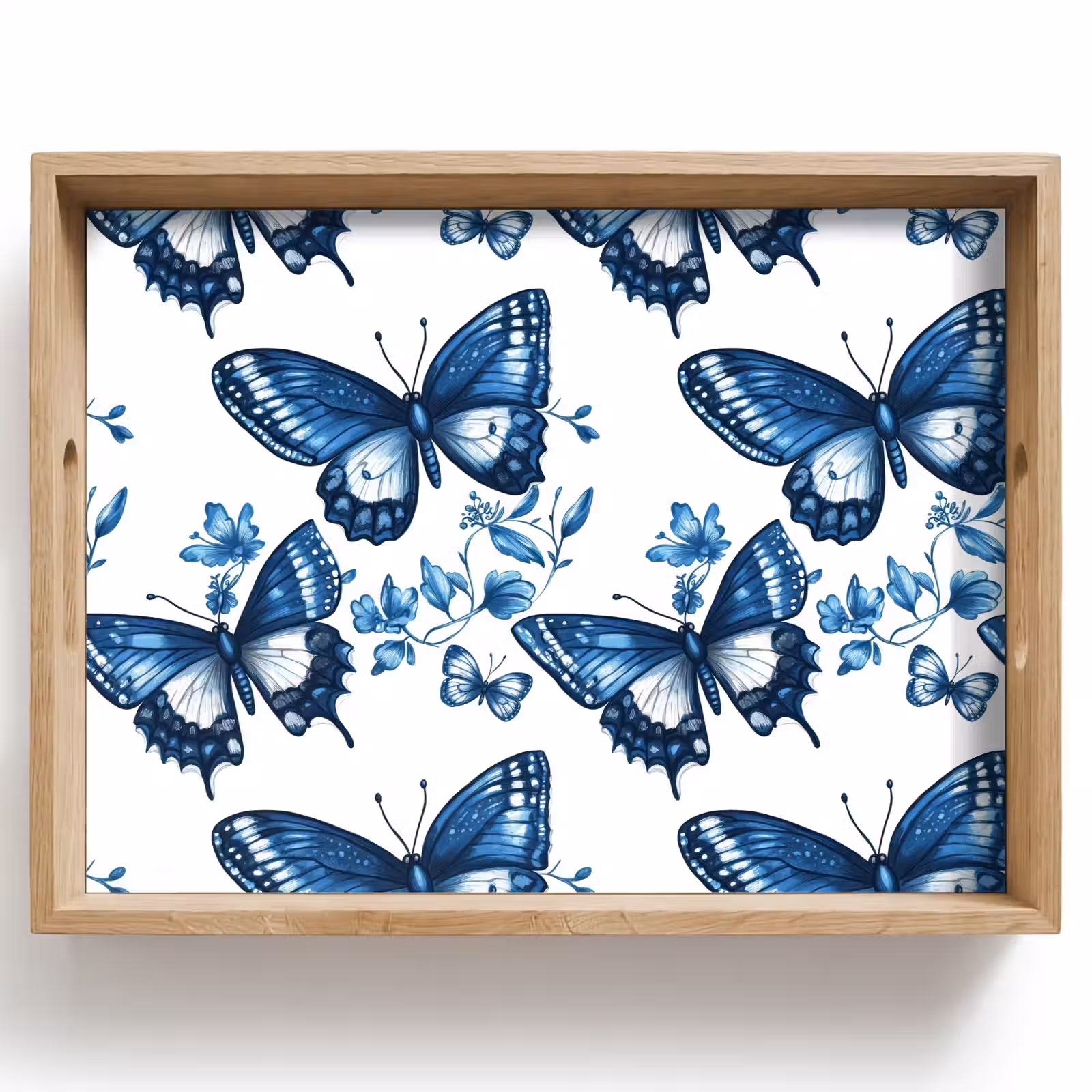 Bandeja - Azul - Mariposas - Flores - Blanco — 1