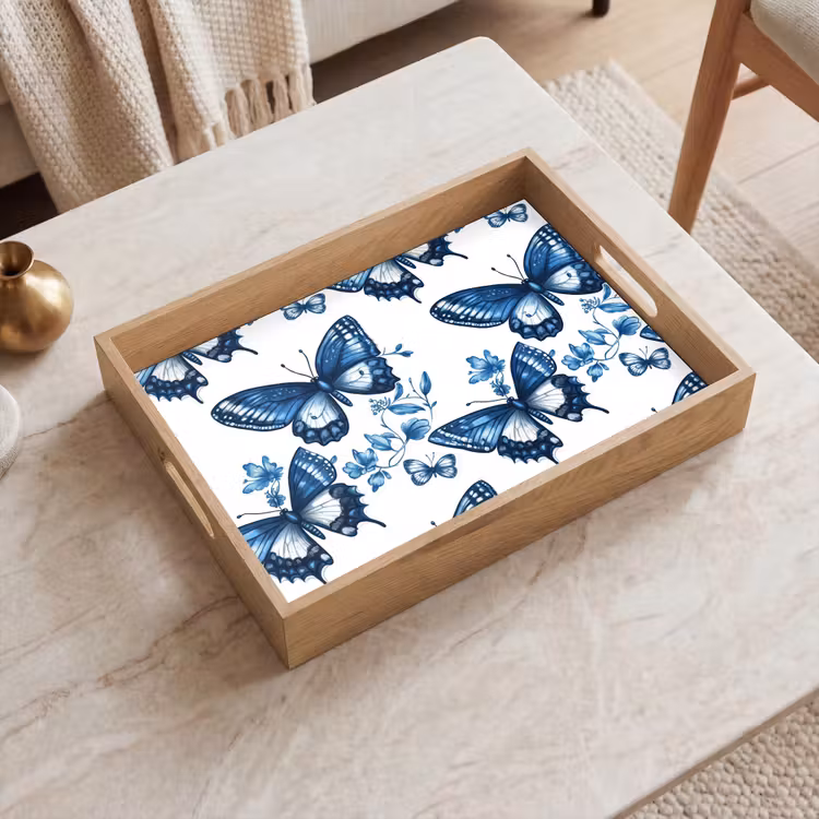 Bandeja - Azul - Mariposas - Flores - Blanco — 2