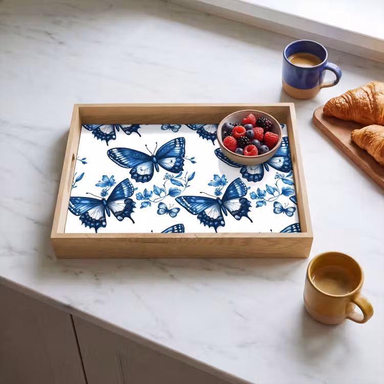 Bandeja - Azul - Mariposas - Flores - Blanco — 3