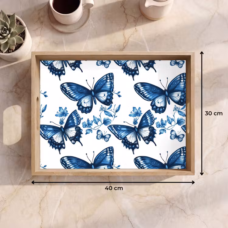 Bandeja - Azul - Mariposas - Flores - Blanco — 7