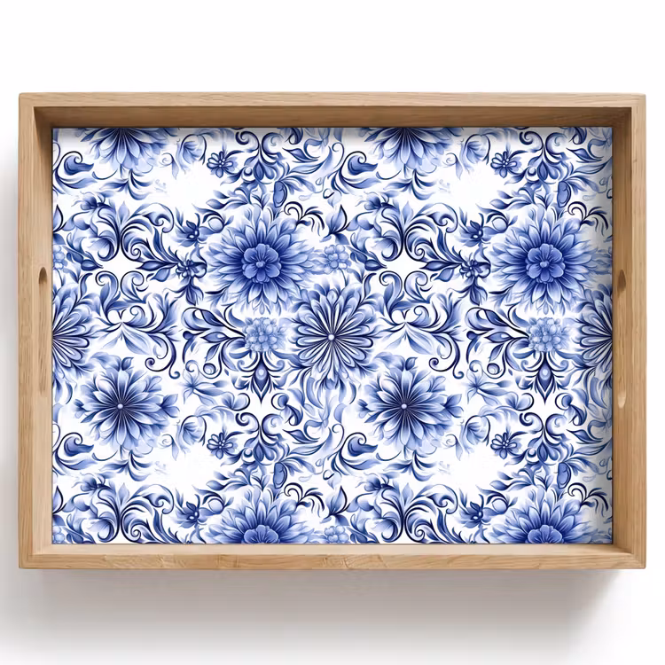 Bandeja - Flores - Azul - Patrón - Blanco — 1