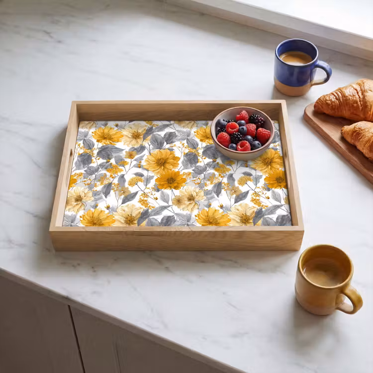 Bandeja - Flores - Botánico - Elegante - Amarillo ocre - Gris — 3