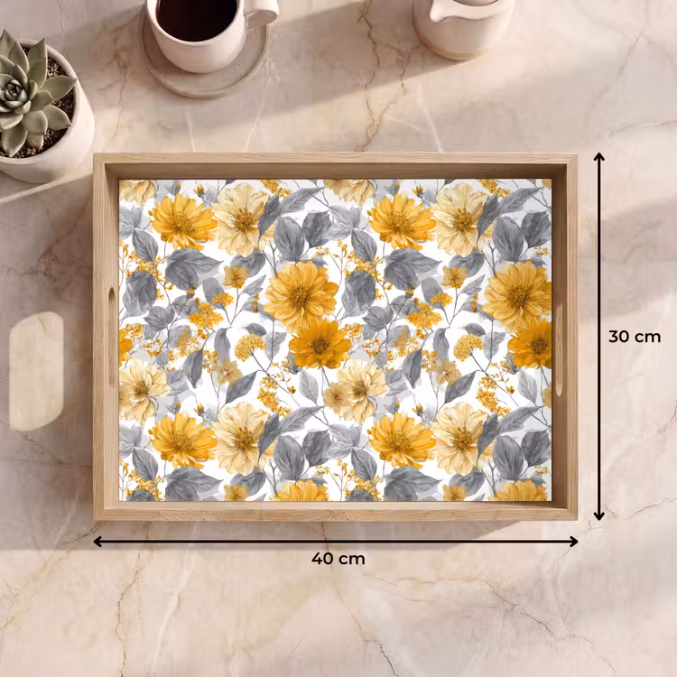 Bandeja - Flores - Botánico - Elegante - Amarillo ocre - Gris — 7