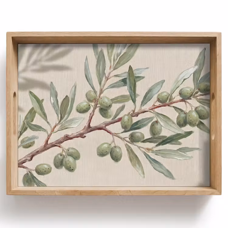 Bandeja - Rama de olivo - Hojas - Naturaleza - Verde - Beige — 1