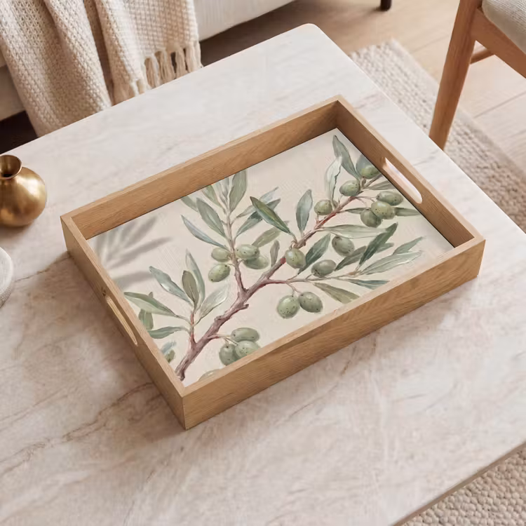 Bandeja - Rama de olivo - Hojas - Naturaleza - Verde - Beige — 2