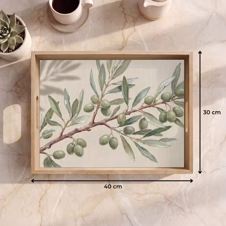 Bandeja - Rama de olivo - Hojas - Naturaleza - Verde - Beige — 7