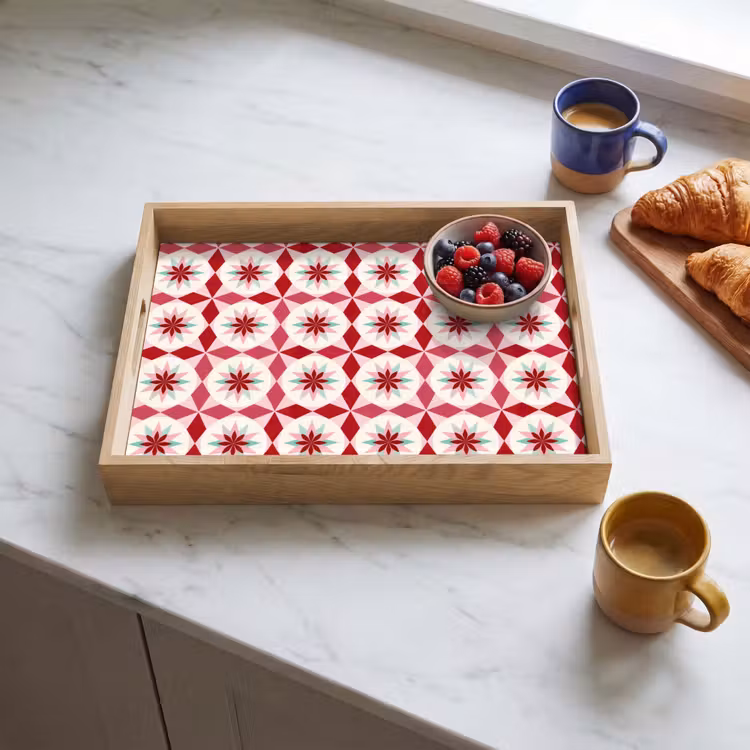 Bandeja - Patrón de azulejos - Estrellas - Retro - Rosa - Verde menta — 3