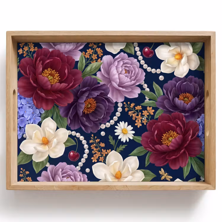 Bandeja - Flores - Perlas - Decoración - Moderno - Azul — 1