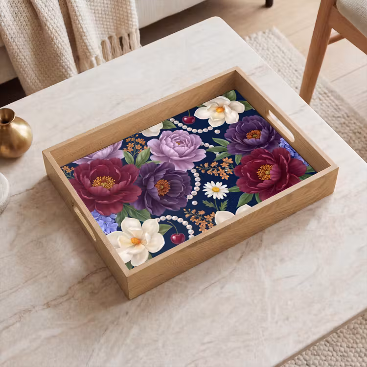 Bandeja - Flores - Perlas - Decoración - Moderno - Azul — 2