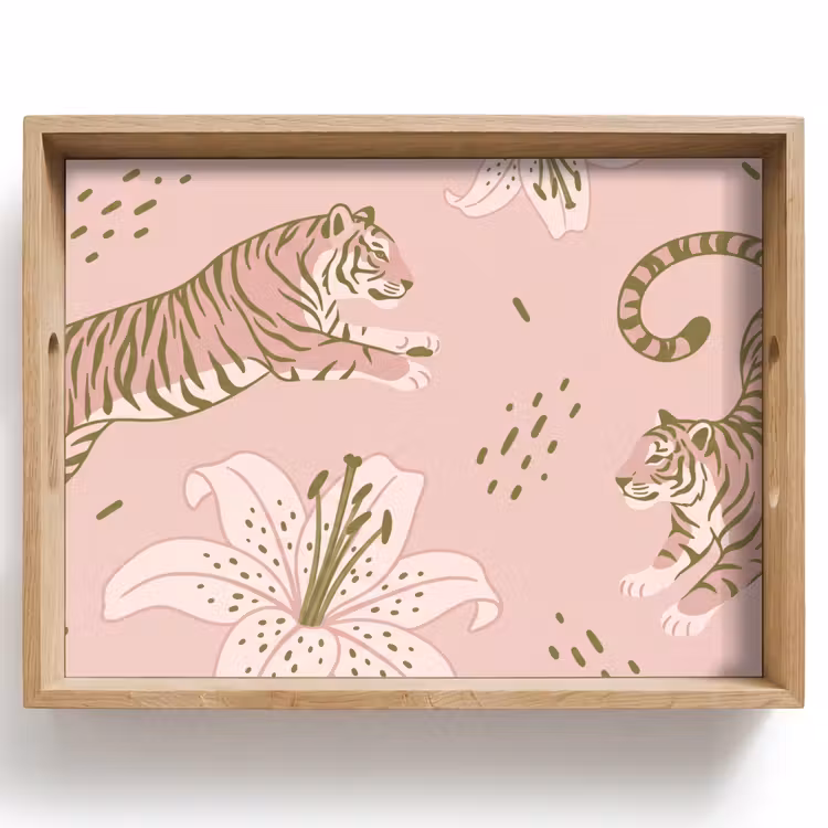 Bandeja - Gato - Saltando - Flores - Abstracto - Rosa — 1