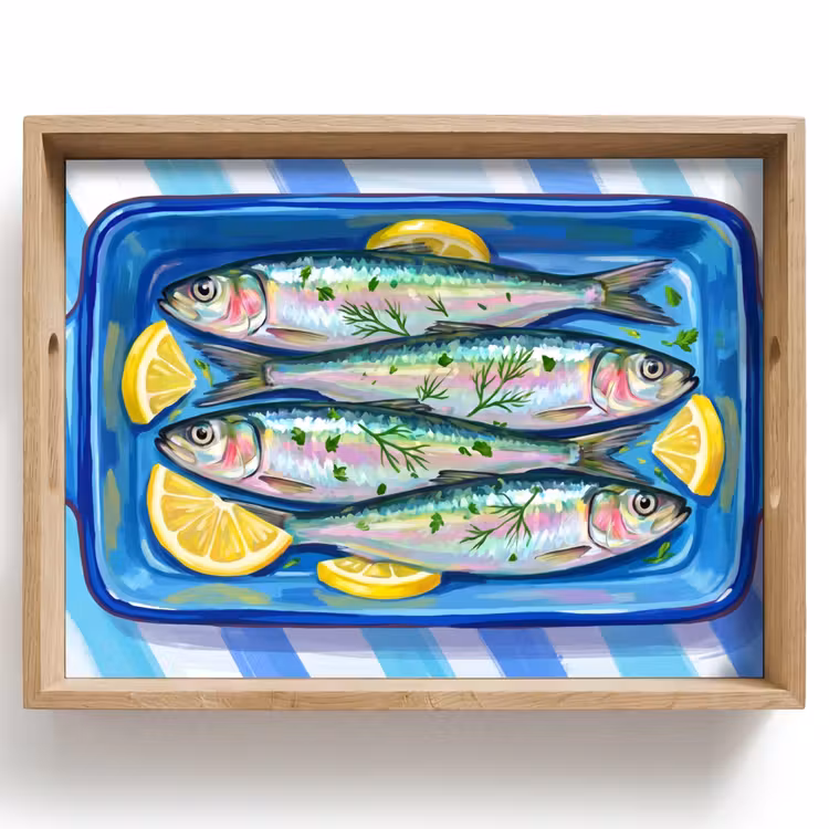 Bandeja - Pescado - Limón - Hierbas aromáticas - Comida - Azul — 1