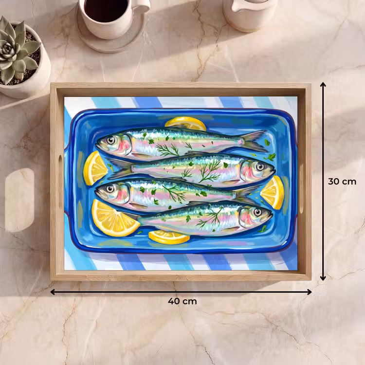 Bandeja - Pescado - Limón - Hierbas aromáticas - Comida - Azul — 7
