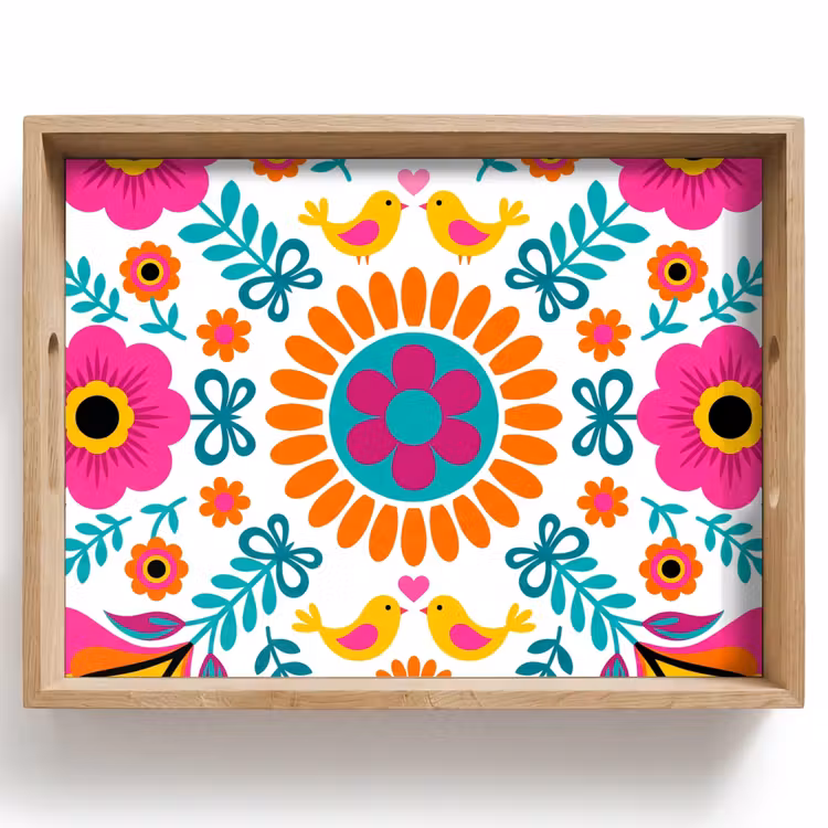 Bandeja - Flores - Pájaros - Estampados - Colorido - Moderno — 1