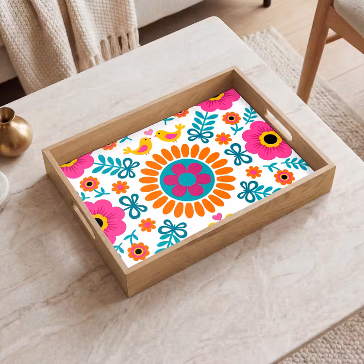 Bandeja - Flores - Pájaros - Estampados - Colorido - Moderno — 2