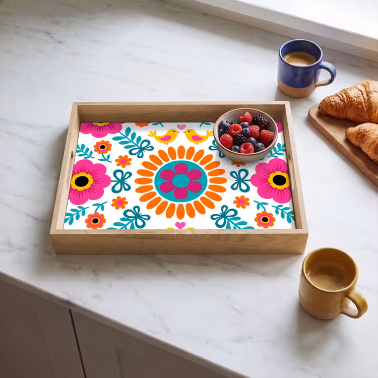 Bandeja - Flores - Pájaros - Estampados - Colorido - Moderno — 3