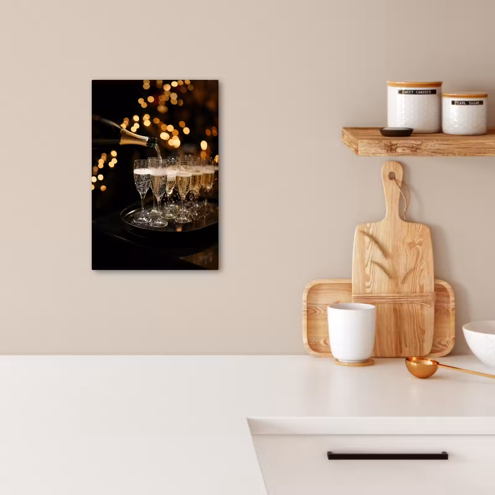 Lienzos decorativos - Luces - Champán - Bandeja - Copas — 1
