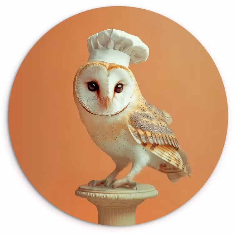 Cuadro redondo - Lechuza - Gorro de cocinero - Naranja - Pájaro — 1