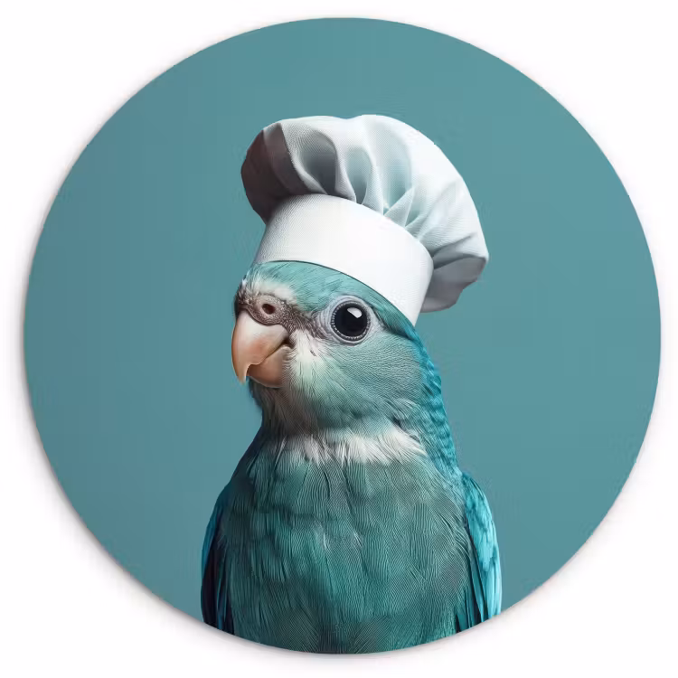 Cuadro redondo - Periquito - Pájaro - Gorro de cocinero - Lindo — 1