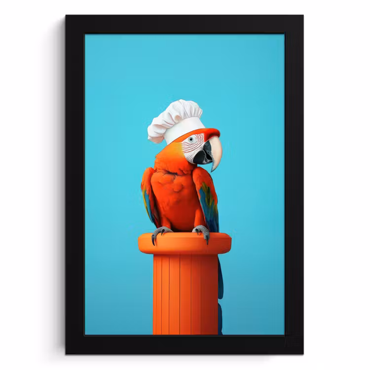 Cuadros enmarcados - Guacamayo - Gorro de cocinero - Pedestal - Divertido — 1