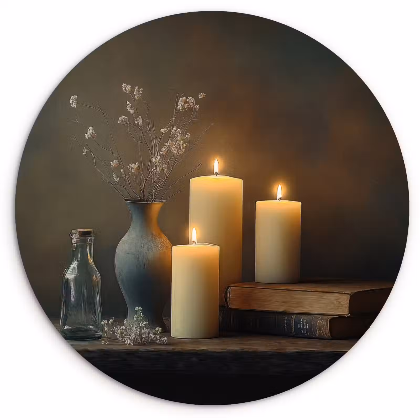 Cuadro redondo - Velas - Naturaleza muerta - Rústico - Libros — 1