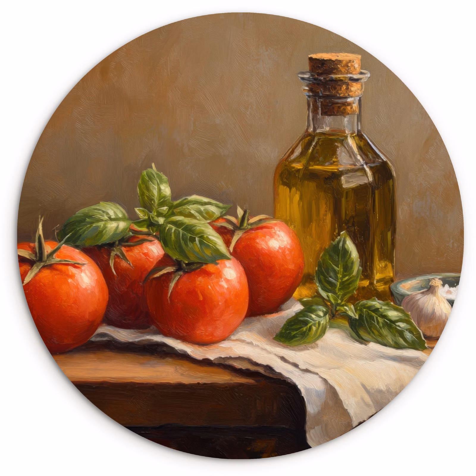 Cuadro redondo - Tomates - Aceite de oliva - Naturaleza muerta — 1