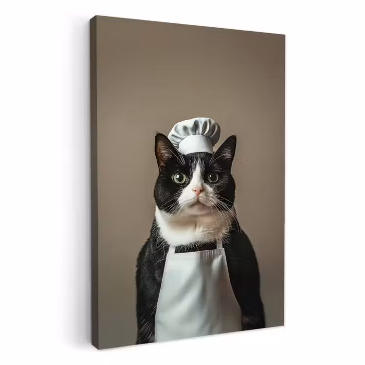 Lienzos decorativos - Gato - Ropa de cocinero - Negro - Blanco — 1