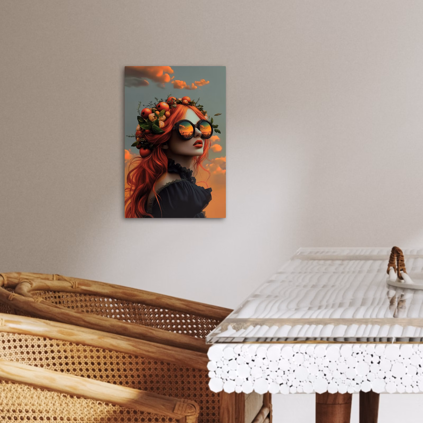 Lienzos decorativos - Mujer - Corona - Tomate - Albahaca - Gafas de sol — 1