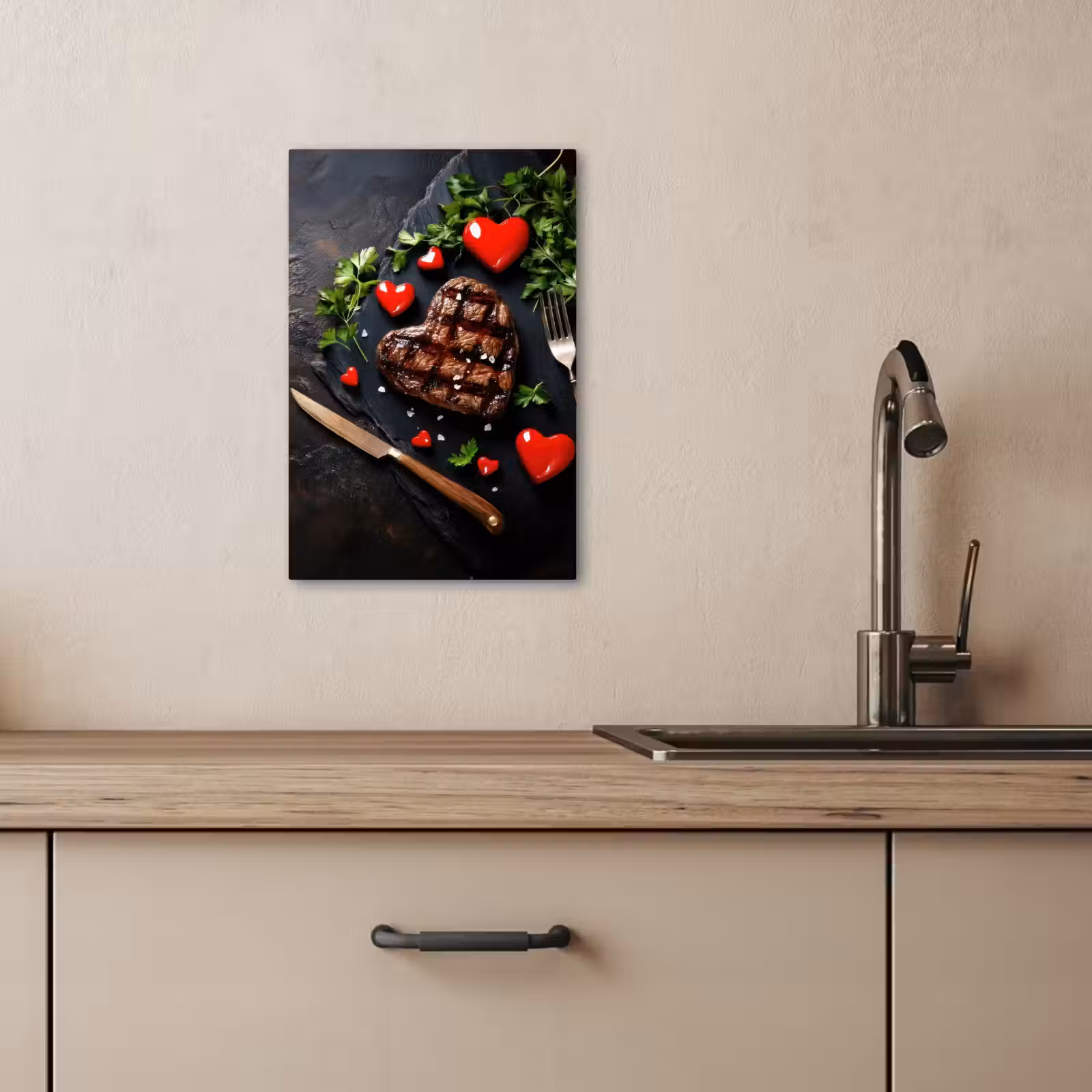 KitchenYeah - Cocina - Lienzo - Bistec - Corazón - Cubiertos — 1