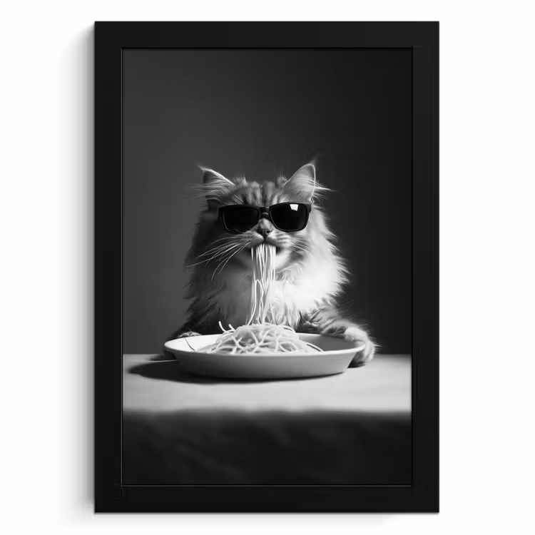 Cuadros enmarcados - Gato de pelo largo - Gafas de sol - Espagueti - Humor - Negro - blanco — 1