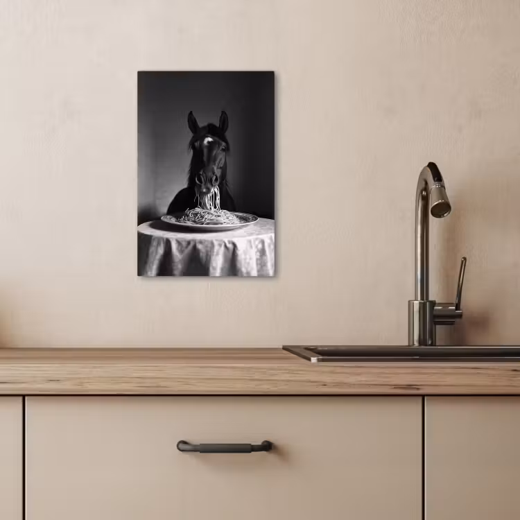 Lienzos decorativos - Caballo - Plato - Pasta - Mantel - Blanco y negro - Animales — 1