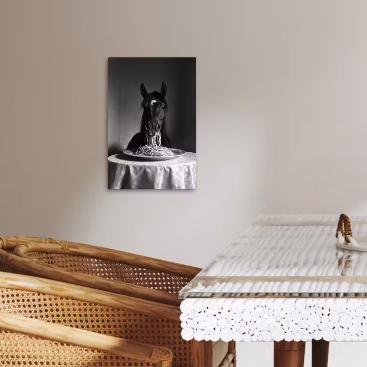Lienzos decorativos - Caballo - Plato - Pasta - Mantel - Blanco y negro - Animales — 3