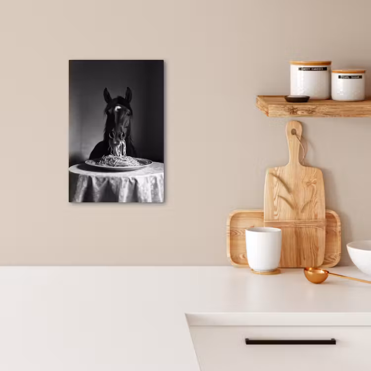Lienzos decorativos - Caballo - Plato - Pasta - Mantel - Blanco y negro - Animales — 4