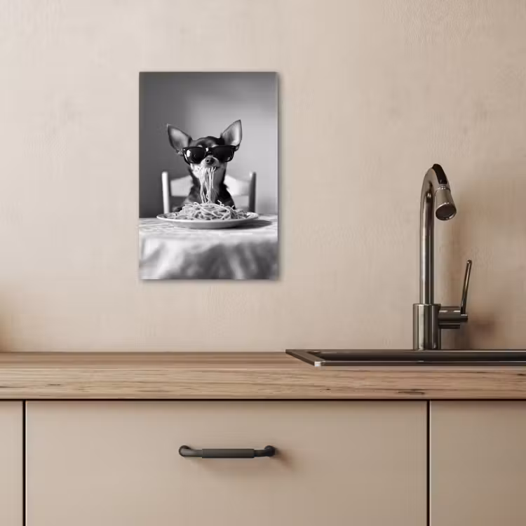 Lienzos decorativos - Chihuahua - Perro - Gafas de sol - Humor - Negro - Blanco - Espagueti — 1
