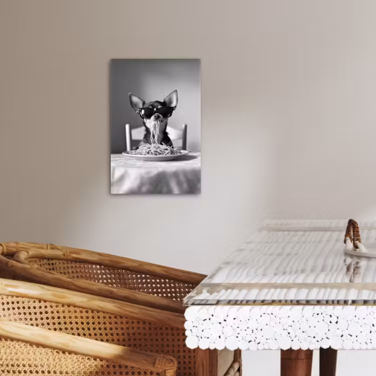 Lienzos decorativos - Chihuahua - Perro - Gafas de sol - Humor - Negro - Blanco - Espagueti — 2