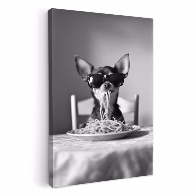 Lienzos decorativos - Chihuahua - Perro - Gafas de sol - Humor - Negro - Blanco - Espagueti — 3