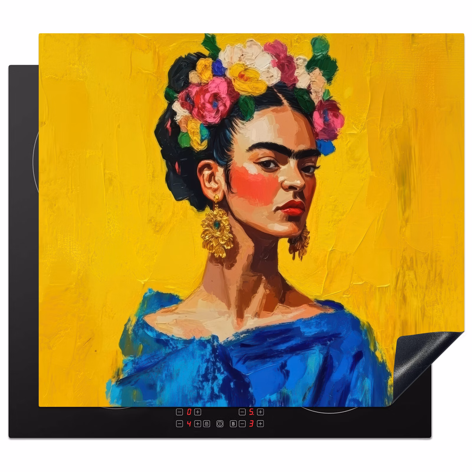 Protector de inducción - Frida Kahlo - Mujer - Amarillo - Azul - Flores — 1