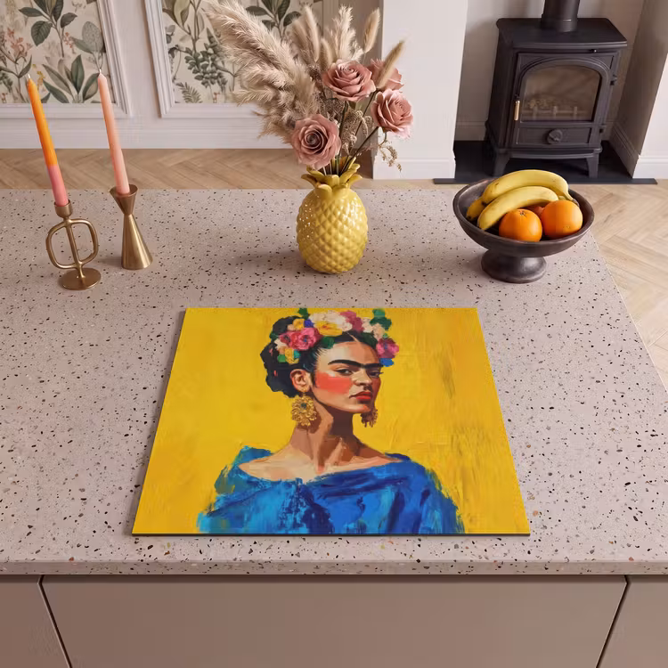 Protector de inducción - Frida Kahlo - Mujer - Amarillo - Azul - Flores — 3