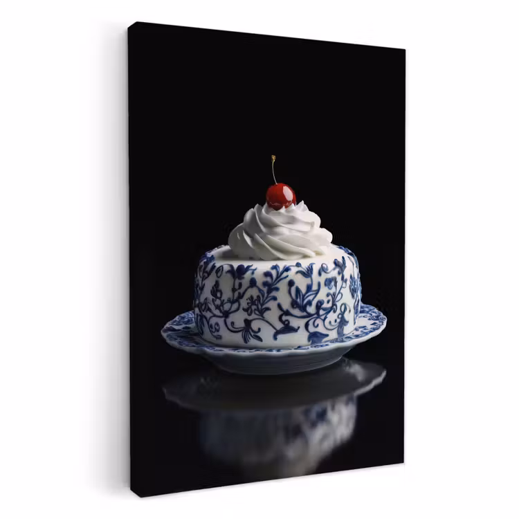Lienzos decorativos - Tarta - Nata montada - Cereza - Plato - Azul de Delft — 1