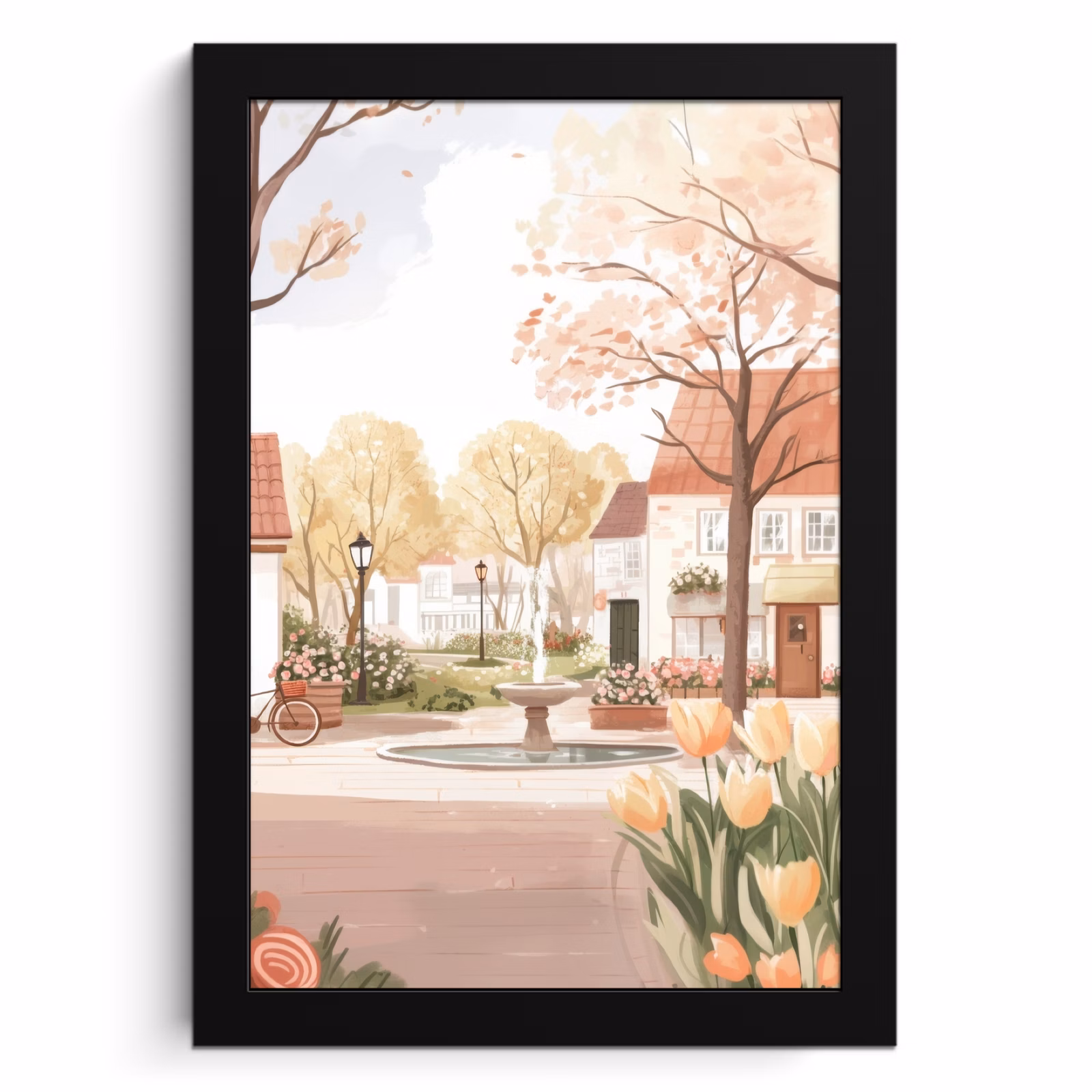 Cuadros enmarcados - Plaza del pueblo - Fuente - Tulipanes — 1